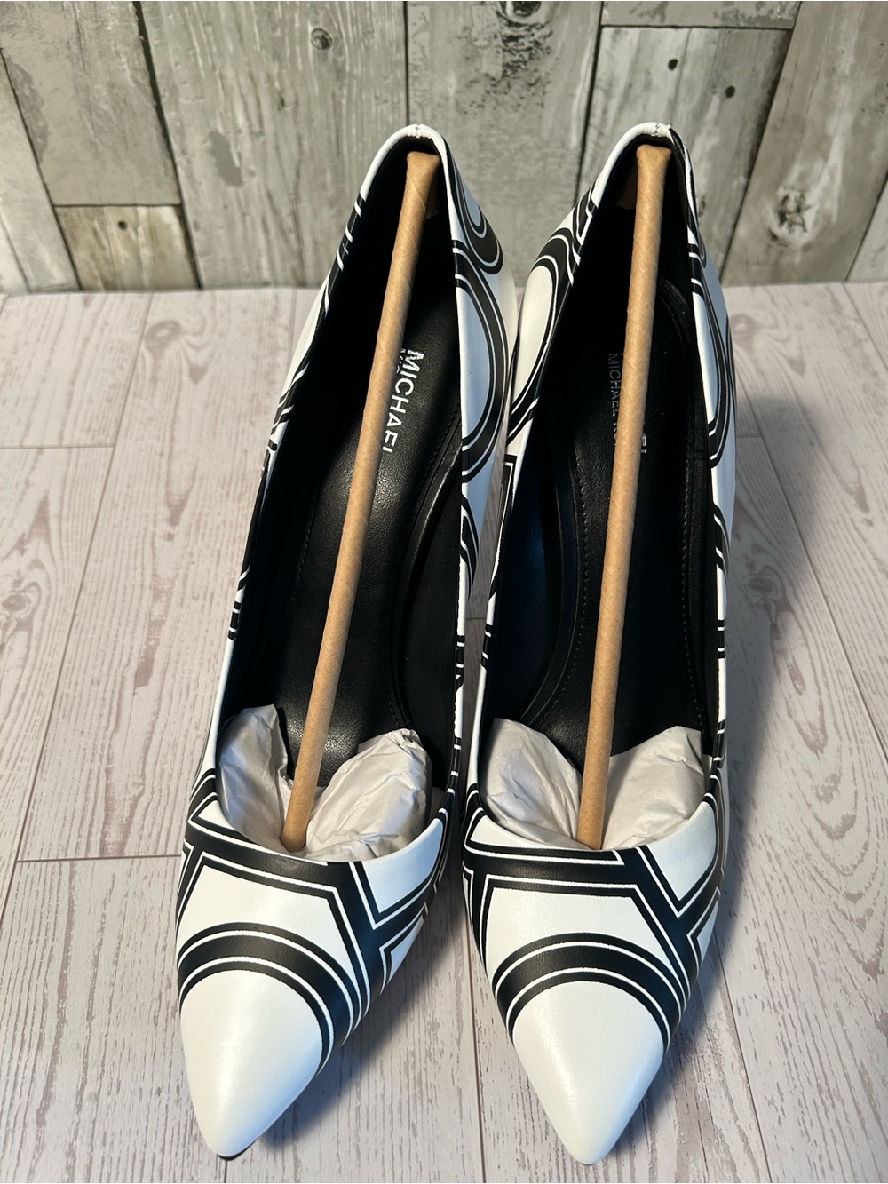 MICHAEL Michael Kors Black and White Pointed Toe Graphic Pumps